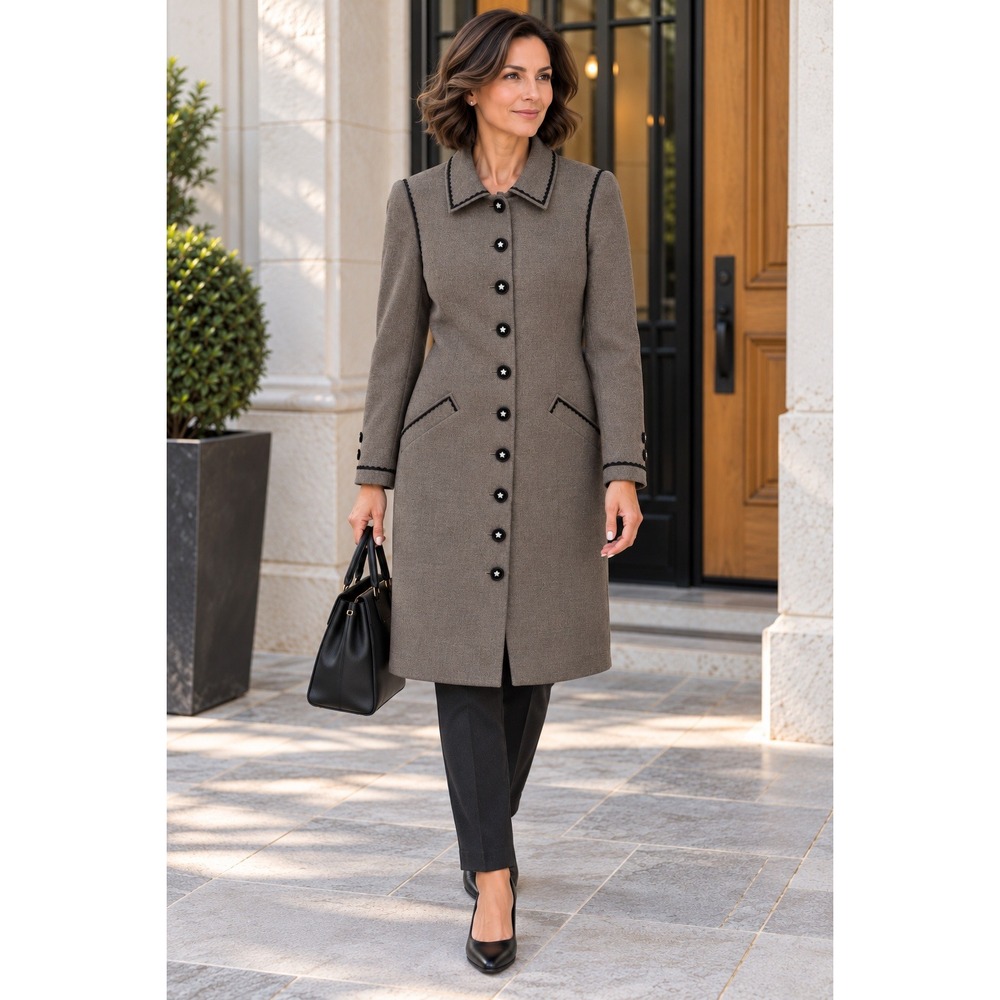 Rena Lange Wool Trench Coat Women 14 Brown Ric Rac Trim Tailored Vintage Classic